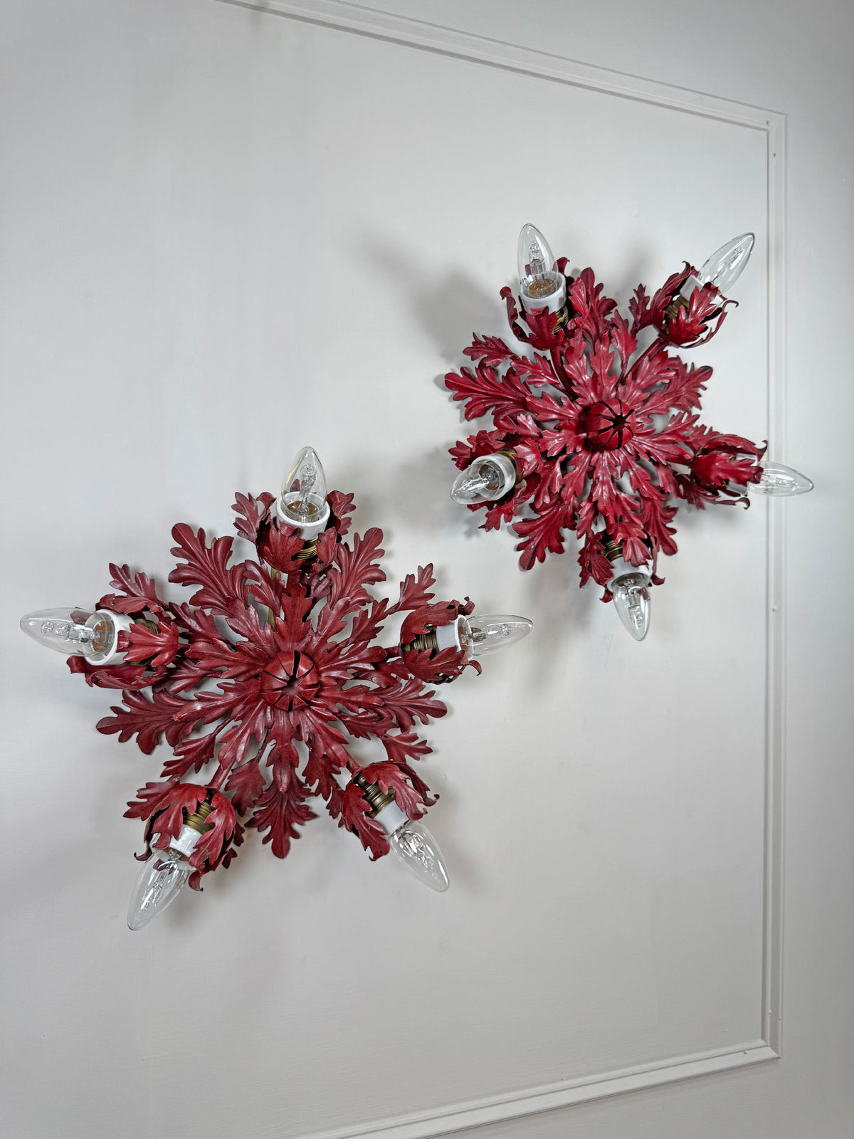 Pair of Rare Banci Firenze Red Acanthus Leaf Flush Ceiling Lights Circa 1950's