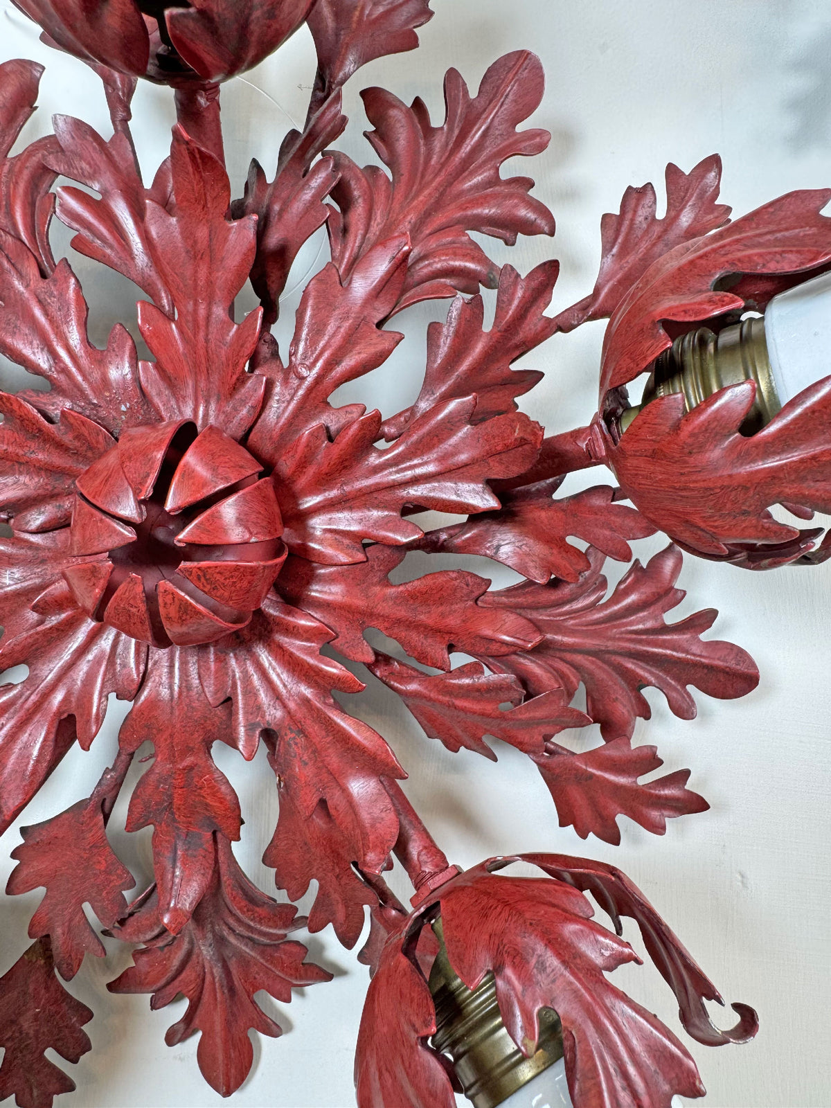 Pair of Rare Banci Firenze Red Acanthus Leaf Flush Ceiling Lights Circa 1950's