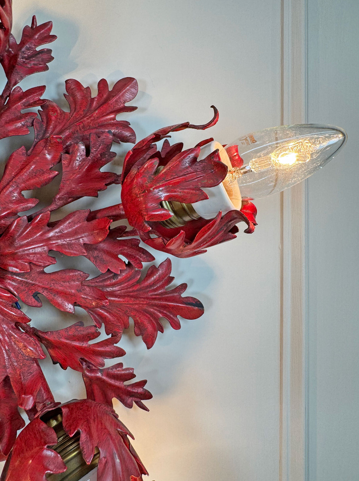 Pair of Rare Banci Firenze Red Acanthus Leaf Flush Ceiling Lights Circa 1950's
