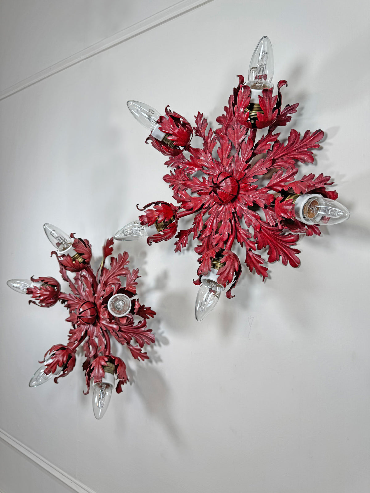 Pair of Rare Banci Firenze Red Acanthus Leaf Flush Ceiling Lights Circa 1950's