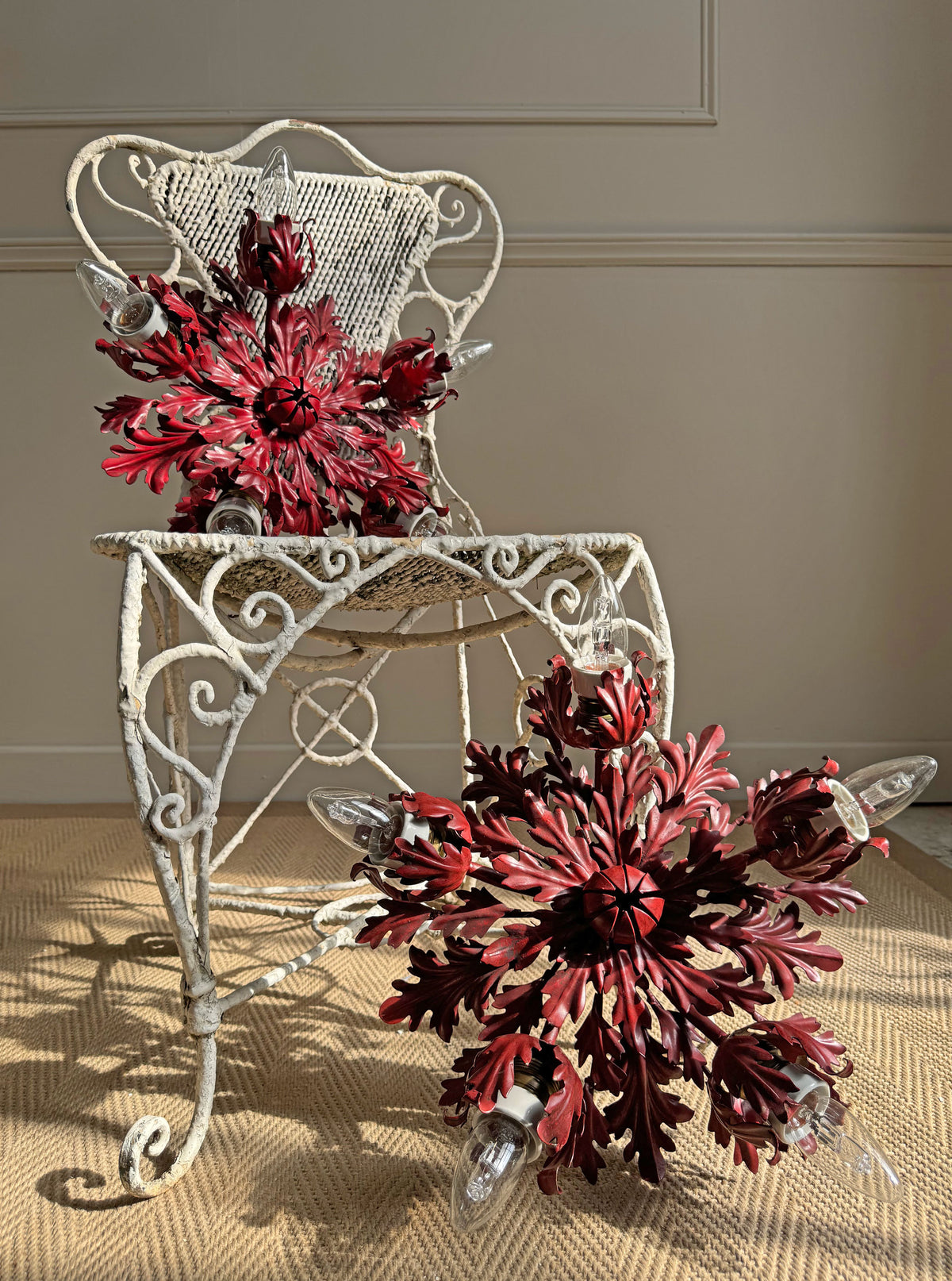 Pair of Rare Banci Firenze Red Acanthus Leaf Flush Ceiling Lights Circa 1950's