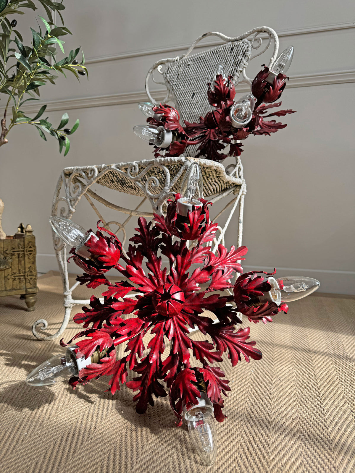 Pair of Rare Banci Firenze Red Acanthus Leaf Flush Ceiling Lights Circa 1950's