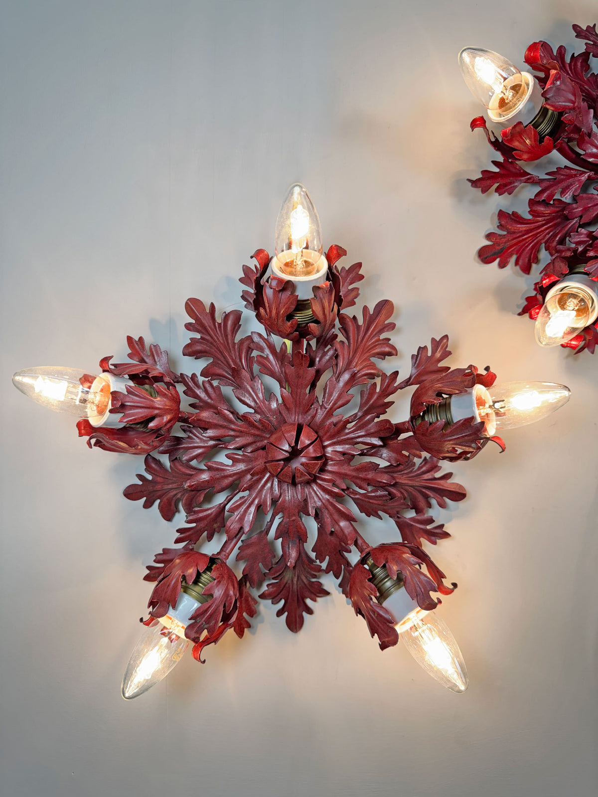 Pair of Rare Banci Firenze Red Acanthus Leaf Flush Ceiling Lights Circa 1950's