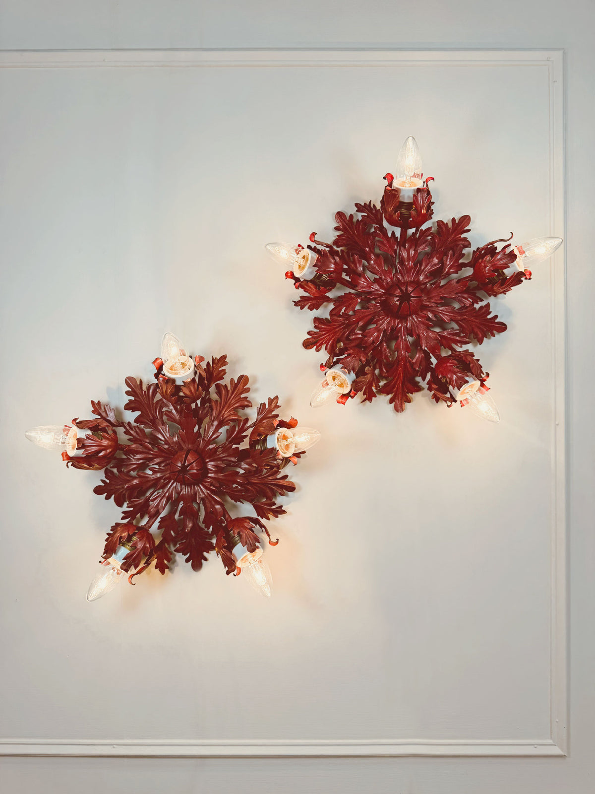 Pair of Rare Banci Firenze Red Acanthus Leaf Flush Ceiling Lights Circa 1950's