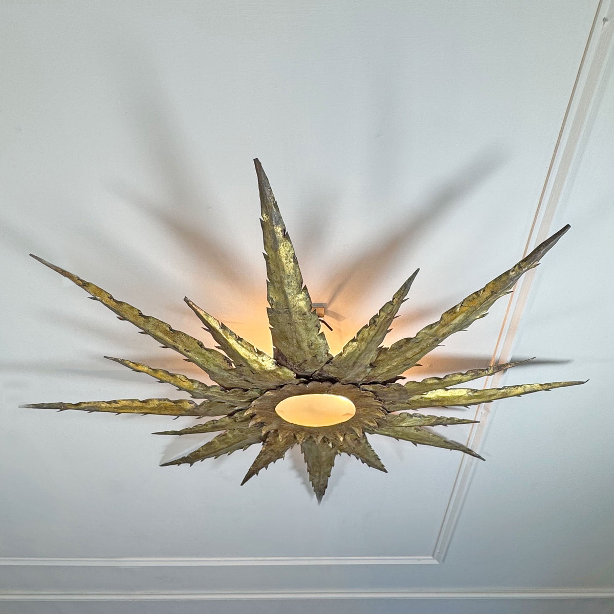 Hand-Forged 1950s Mid-Century Brutalist Sunburst Ceiling Light