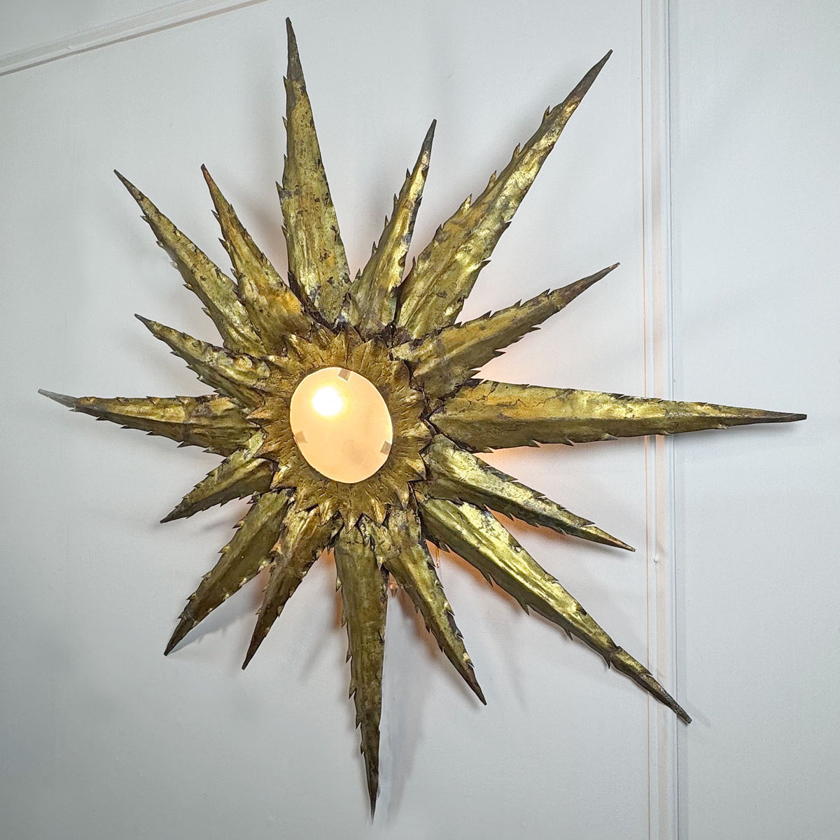 Hand-Forged 1950s Mid-Century Brutalist Sunburst Ceiling Light