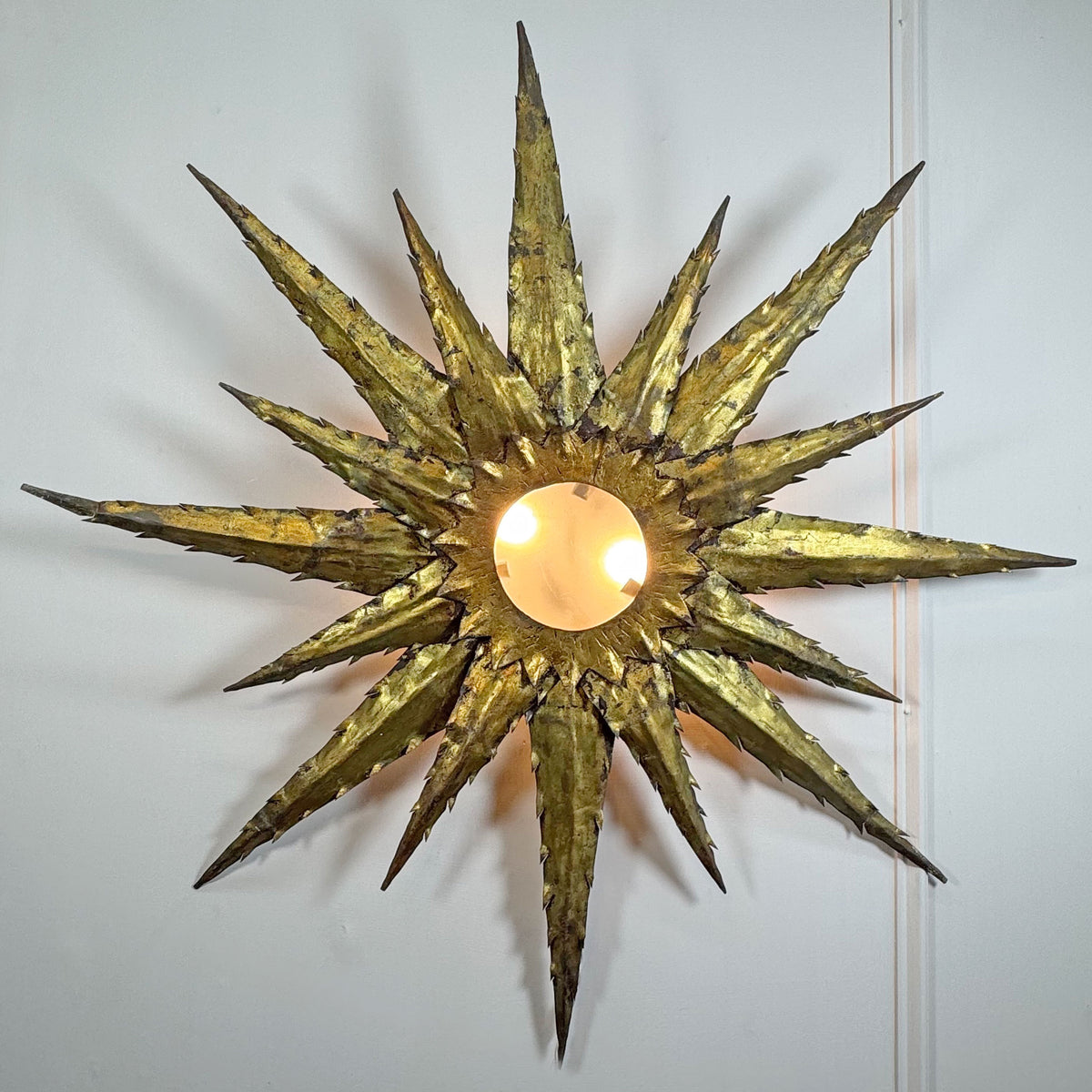 Hand-Forged 1950s Mid-Century Brutalist Sunburst Ceiling Light