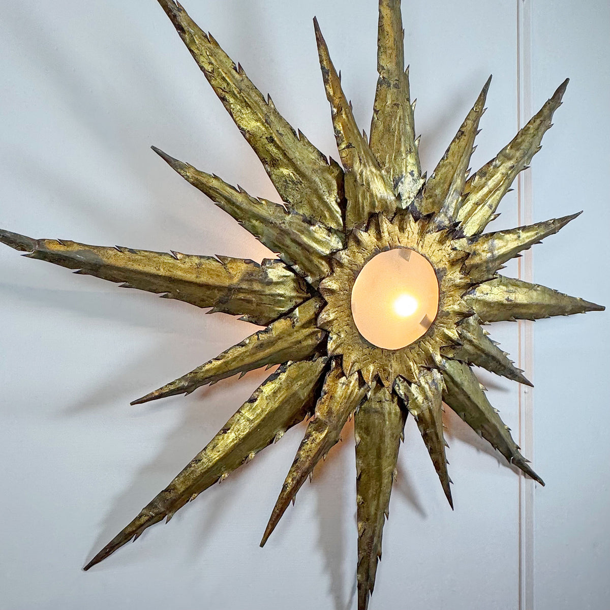 Hand-Forged 1950s Mid-Century Brutalist Sunburst Ceiling Light