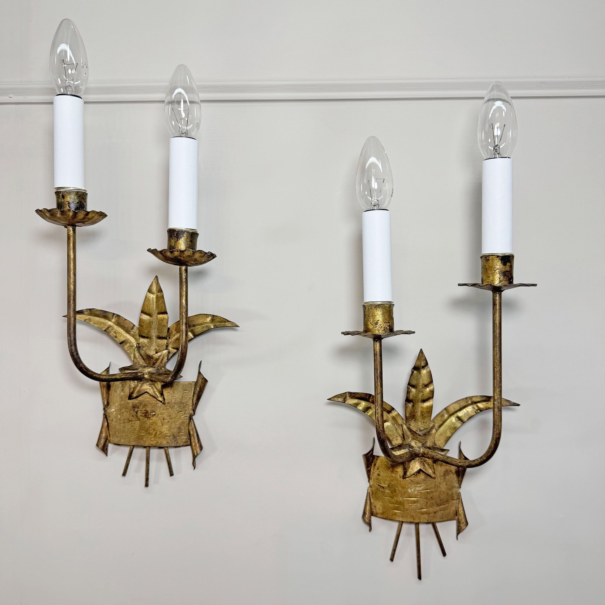 Pair of 1950's Ferro Art Gilt Iron Spanish Wall Lights