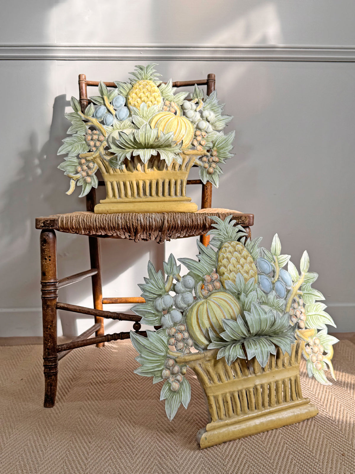Pair of 1950'S French Toleware Polychrome Painted Basket Of Fruit And Flowers Wall Lights
