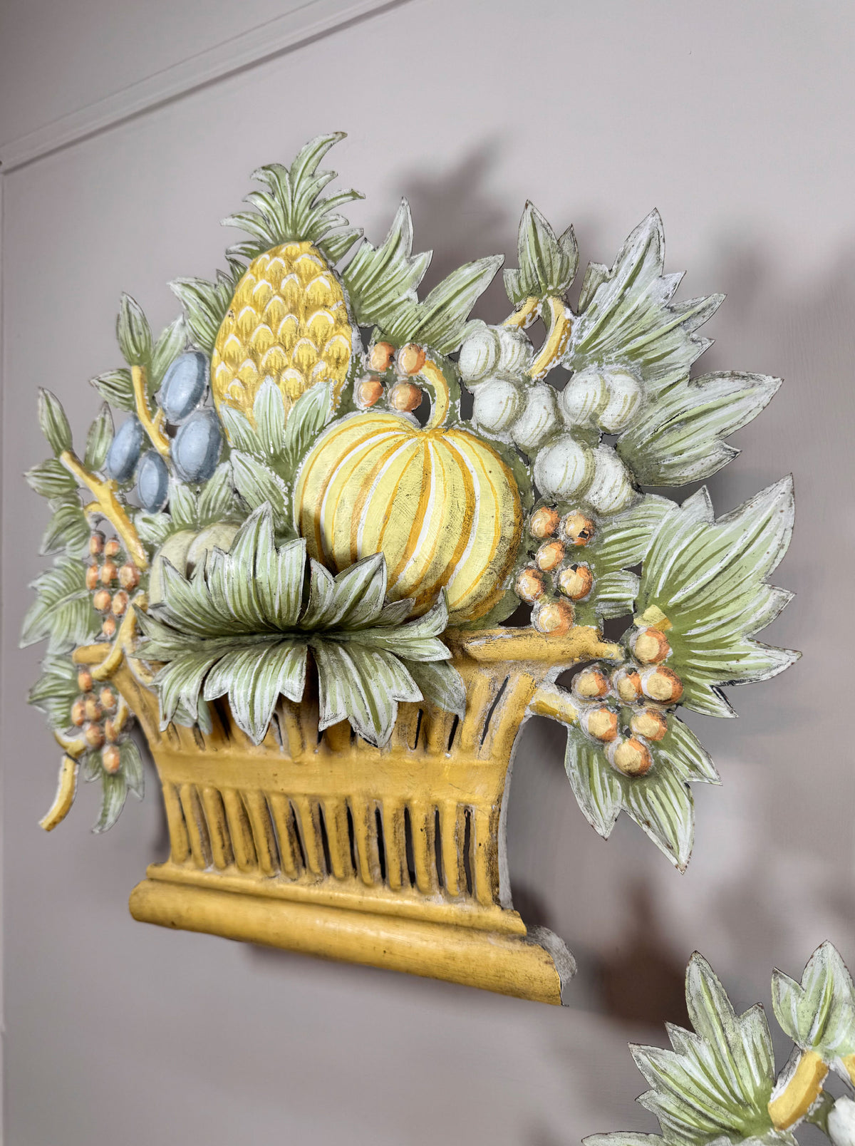 Pair of 1950'S French Toleware Polychrome Painted Basket Of Fruit And Flowers Wall Lights