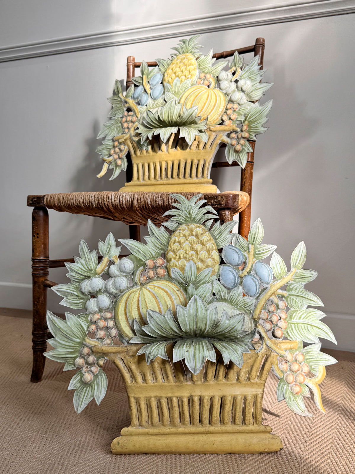 Pair of 1950'S French Toleware Polychrome Painted Basket Of Fruit And Flowers Wall Lights