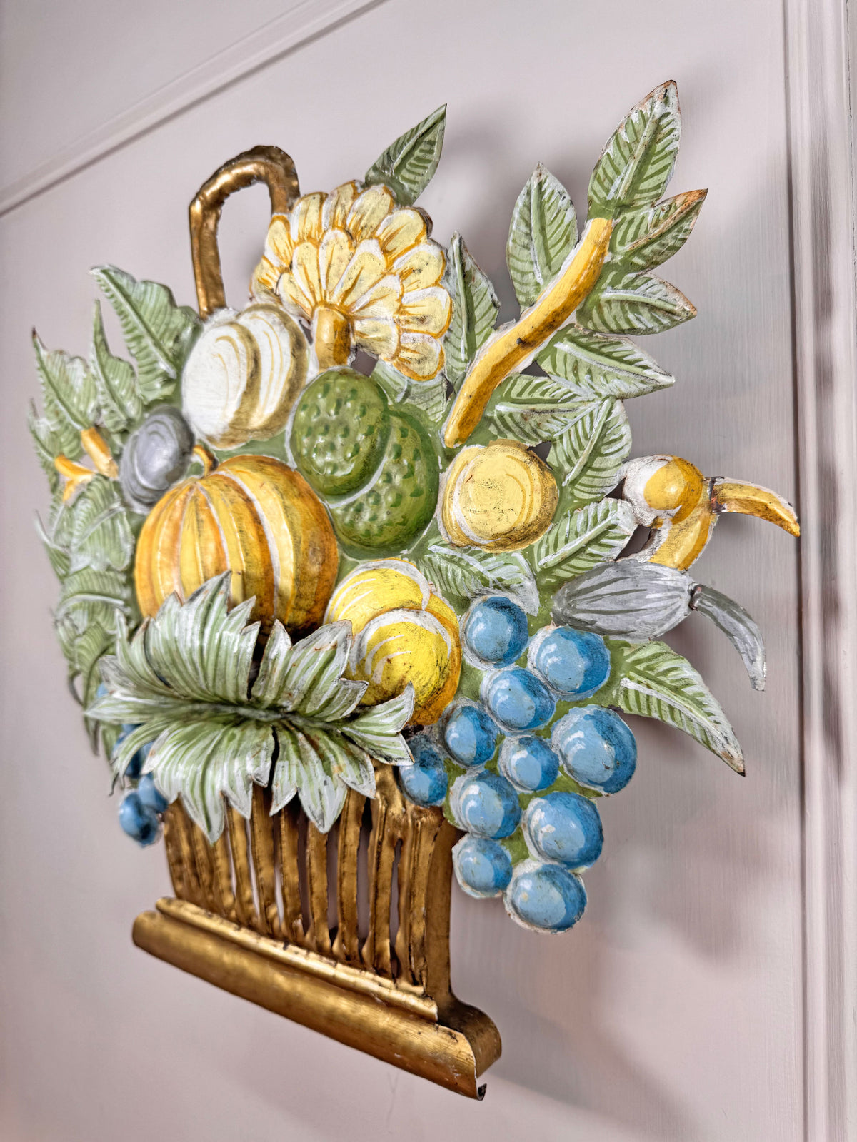 1950's French Toleware Polychrome Painted Basket of Fruit and Flowers Wall Light