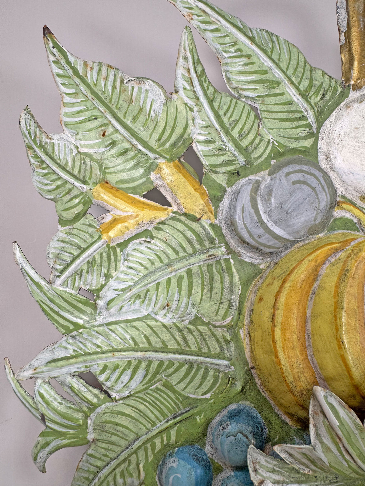 1950's French Toleware Polychrome Painted Basket of Fruit and Flowers Wall Light