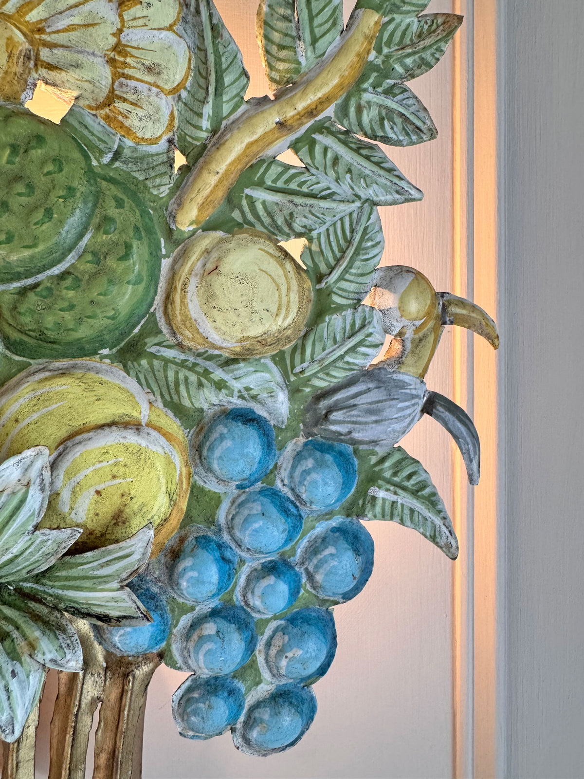 1950's French Toleware Polychrome Painted Basket of Fruit and Flowers Wall Light