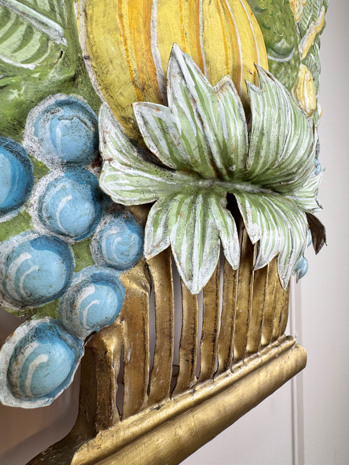 1950's French Toleware Polychrome Painted Basket of Fruit and Flowers Wall Light