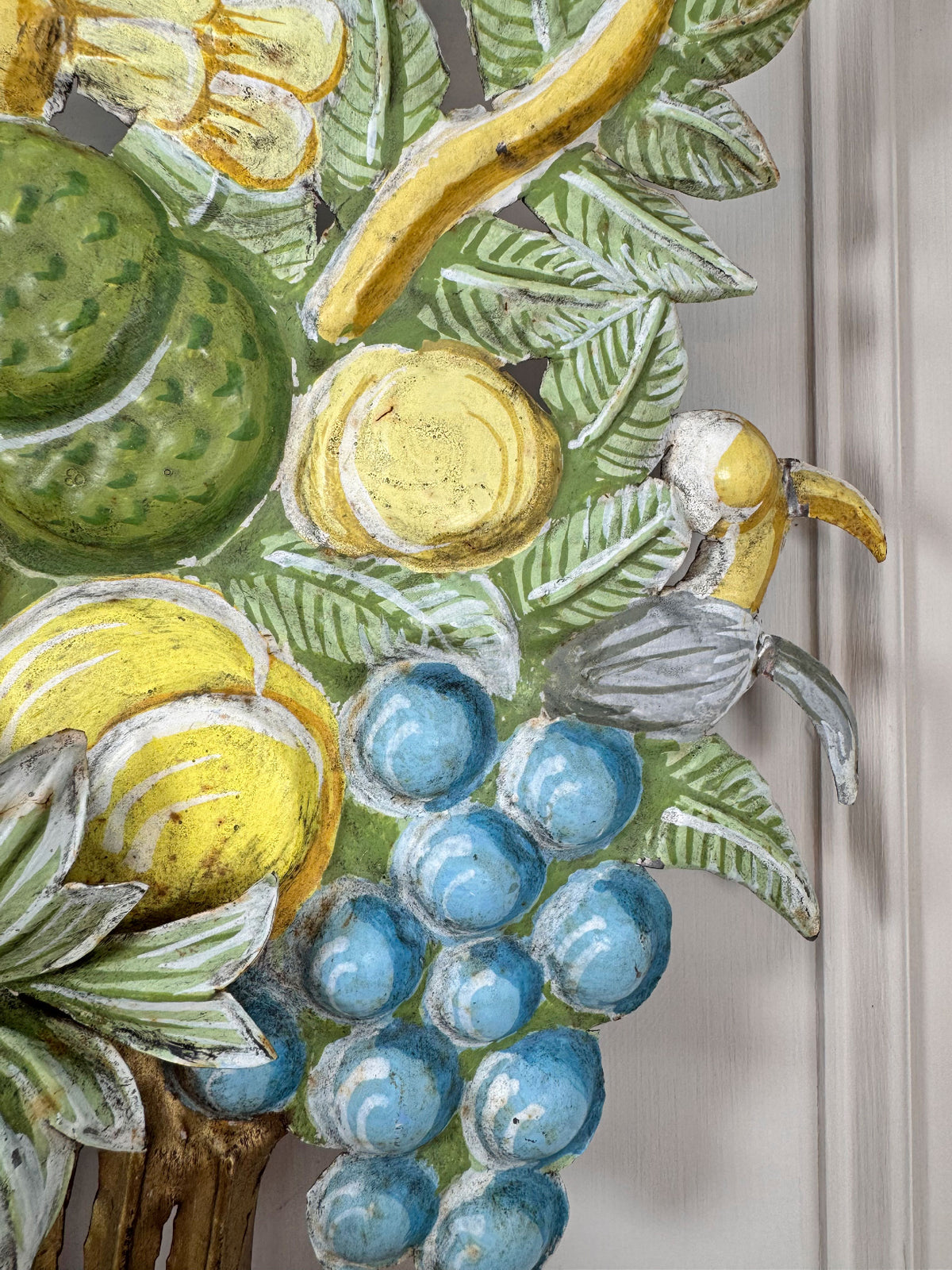 1950's French Toleware Polychrome Painted Basket of Fruit and Flowers Wall Light
