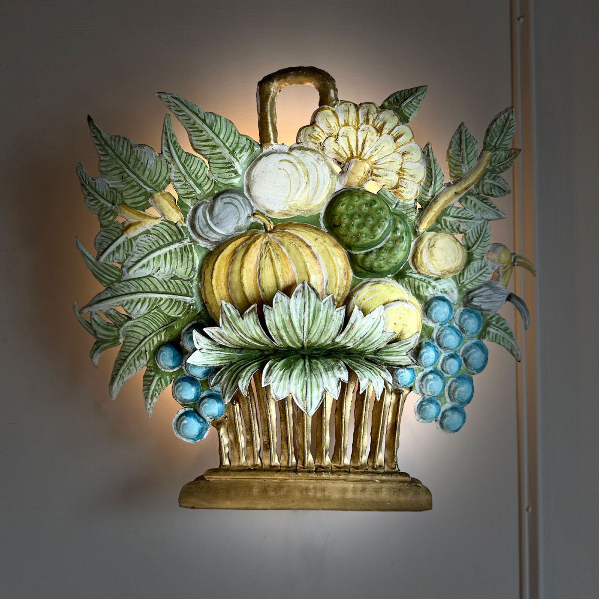 1950's French Toleware Polychrome Painted Basket of Fruit and Flowers Wall Light