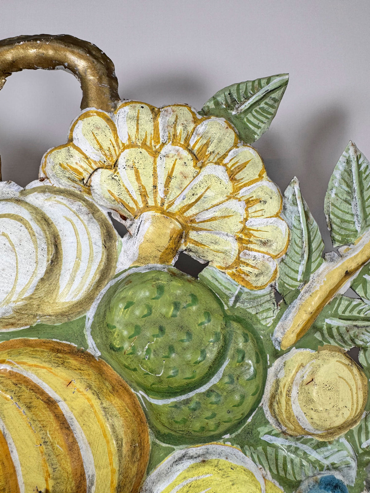 1950's French Toleware Polychrome Painted Basket of Fruit and Flowers Wall Light