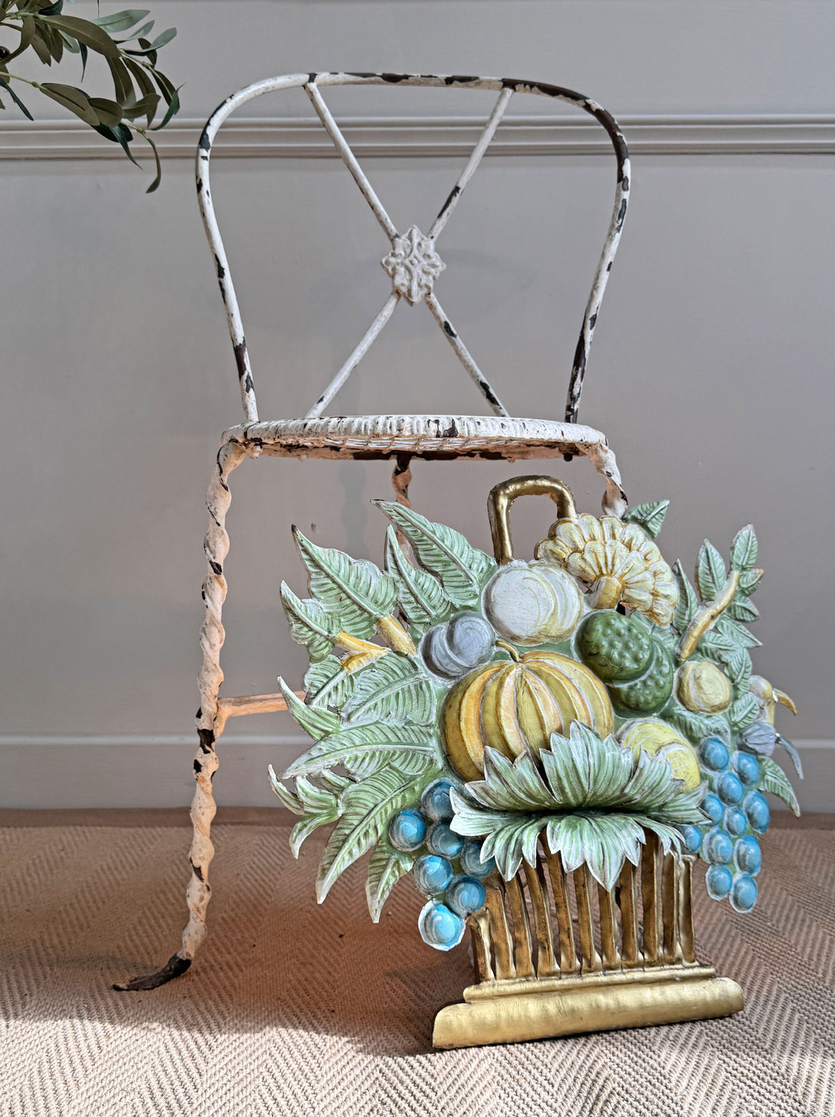 1950's French Toleware Polychrome Painted Basket of Fruit and Flowers Wall Light
