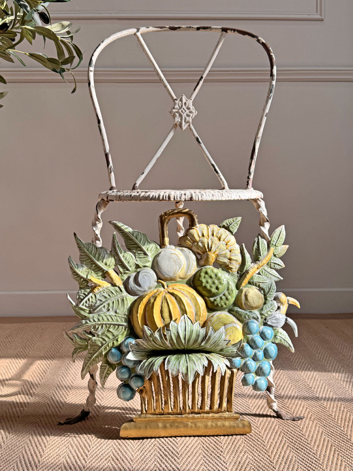 1950's French Toleware Polychrome Painted Basket of Fruit and Flowers Wall Light