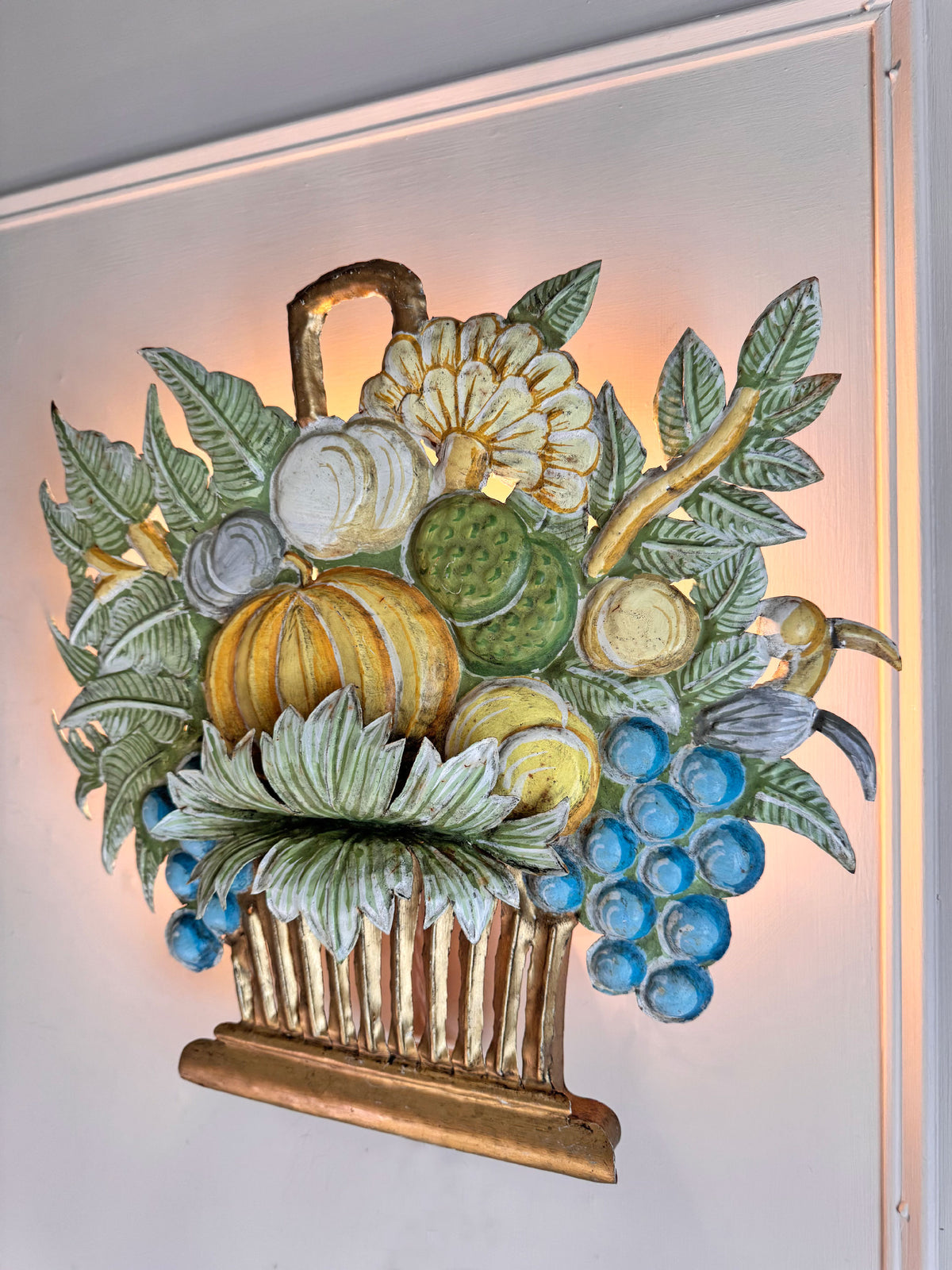 1950's French Toleware Polychrome Painted Basket of Fruit and Flowers Wall Light