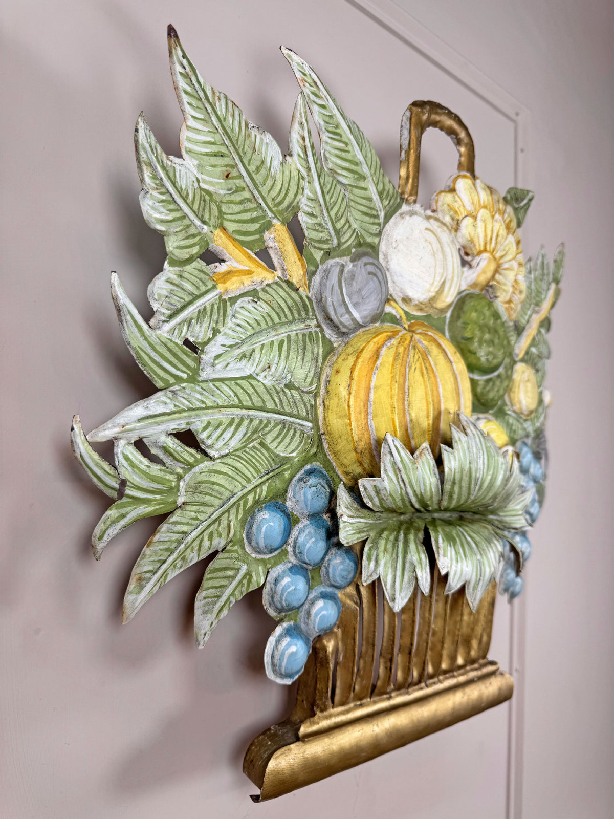 1950's French Toleware Polychrome Painted Basket of Fruit and Flowers Wall Light