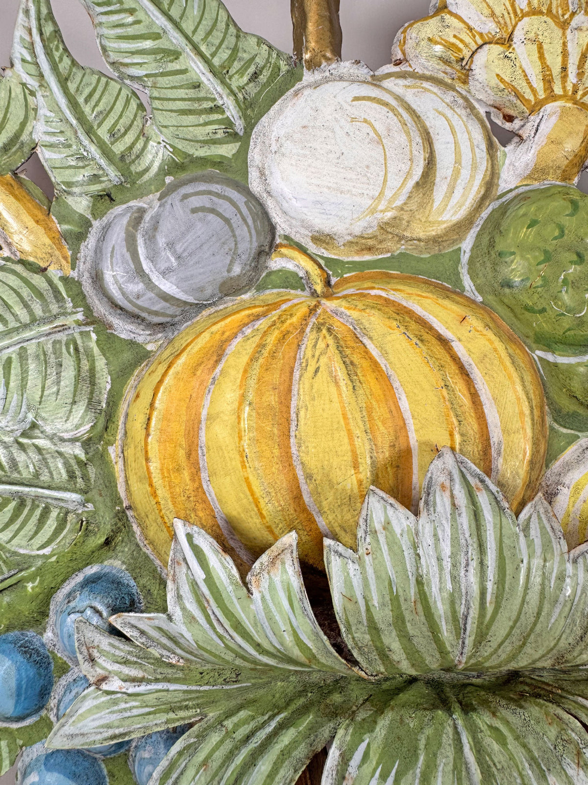 1950's French Toleware Polychrome Painted Basket of Fruit and Flowers Wall Light