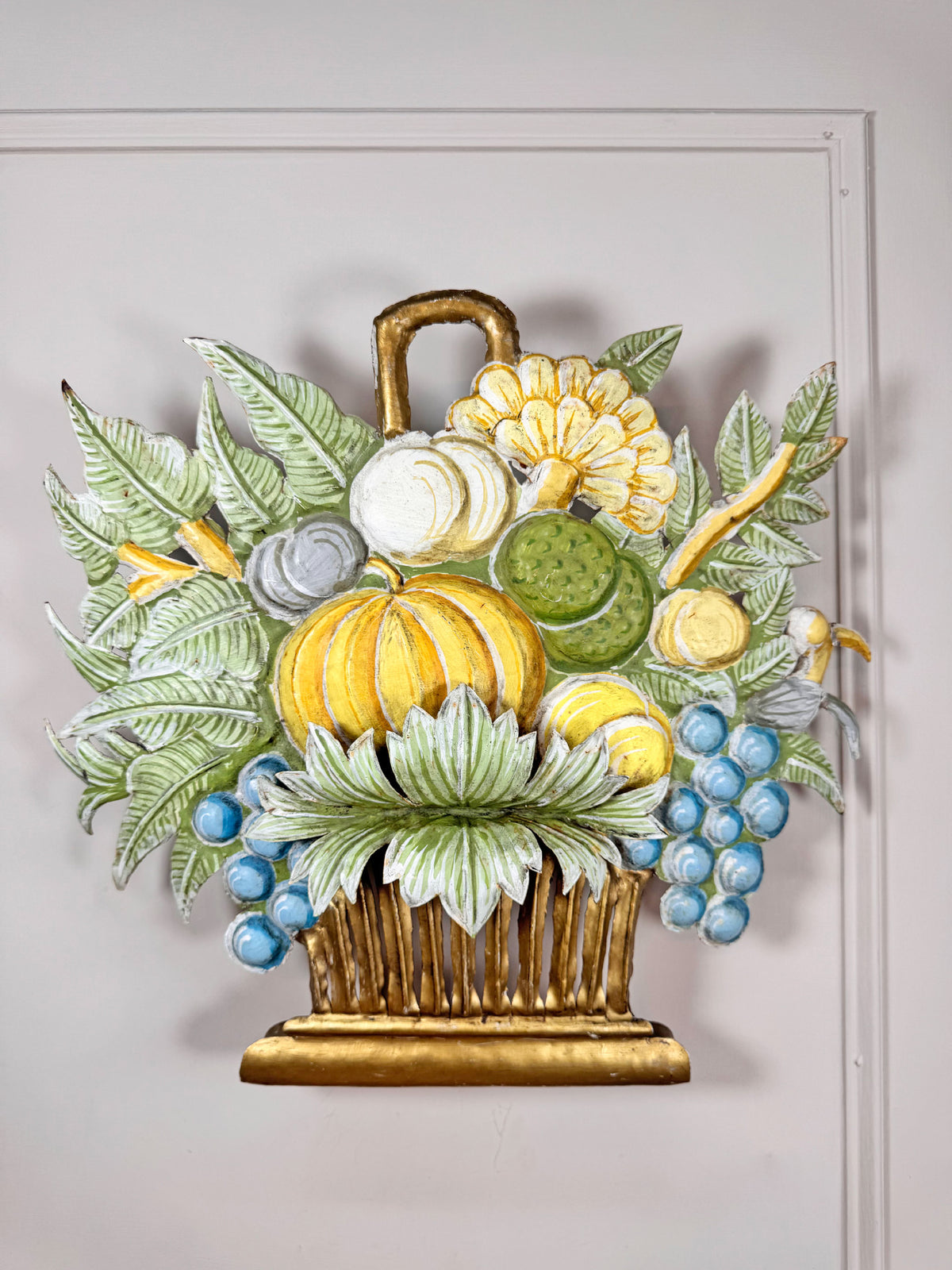 1950's French Toleware Polychrome Painted Basket of Fruit and Flowers Wall Light