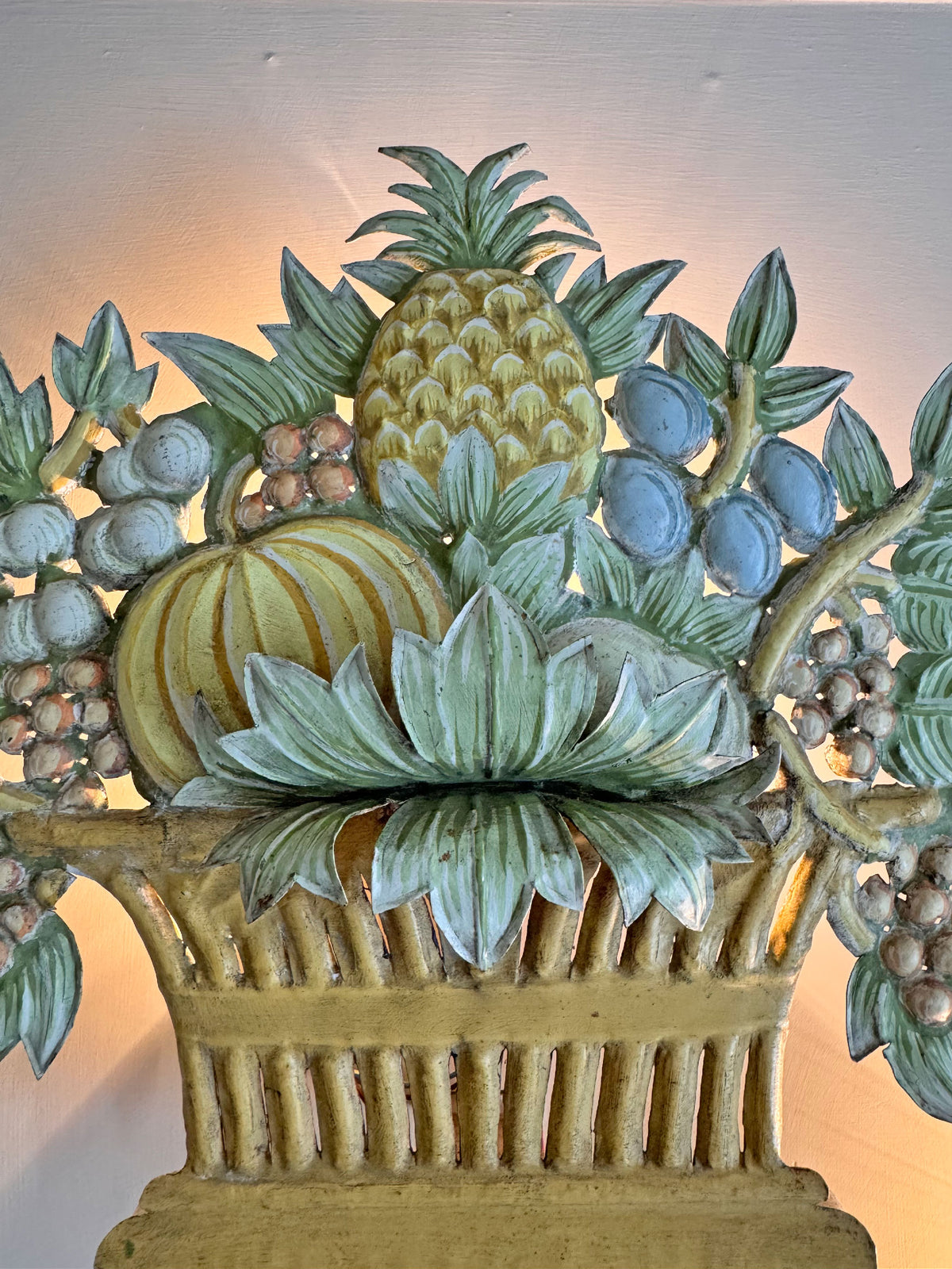 Pair of 1950'S French Toleware Polychrome Painted Basket Of Fruit And Flowers Wall Lights