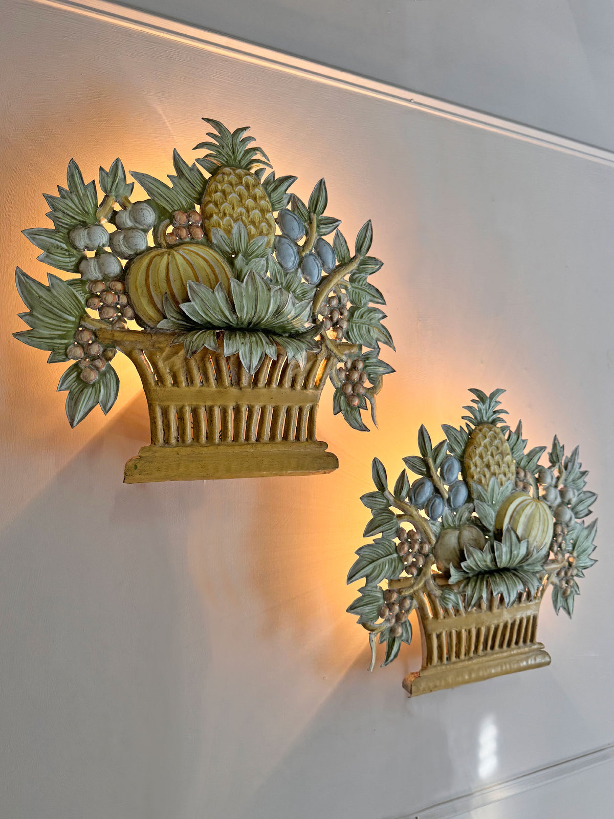Pair of 1950'S French Toleware Polychrome Painted Basket Of Fruit And Flowers Wall Lights