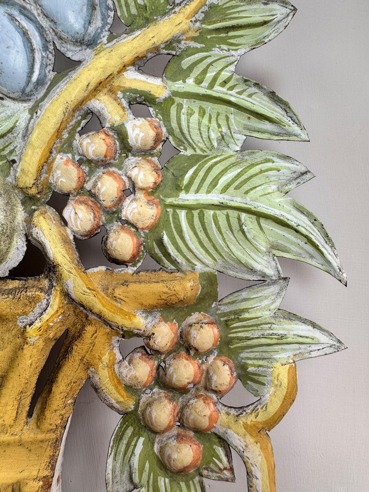 Pair of 1950'S French Toleware Polychrome Painted Basket Of Fruit And Flowers Wall Lights