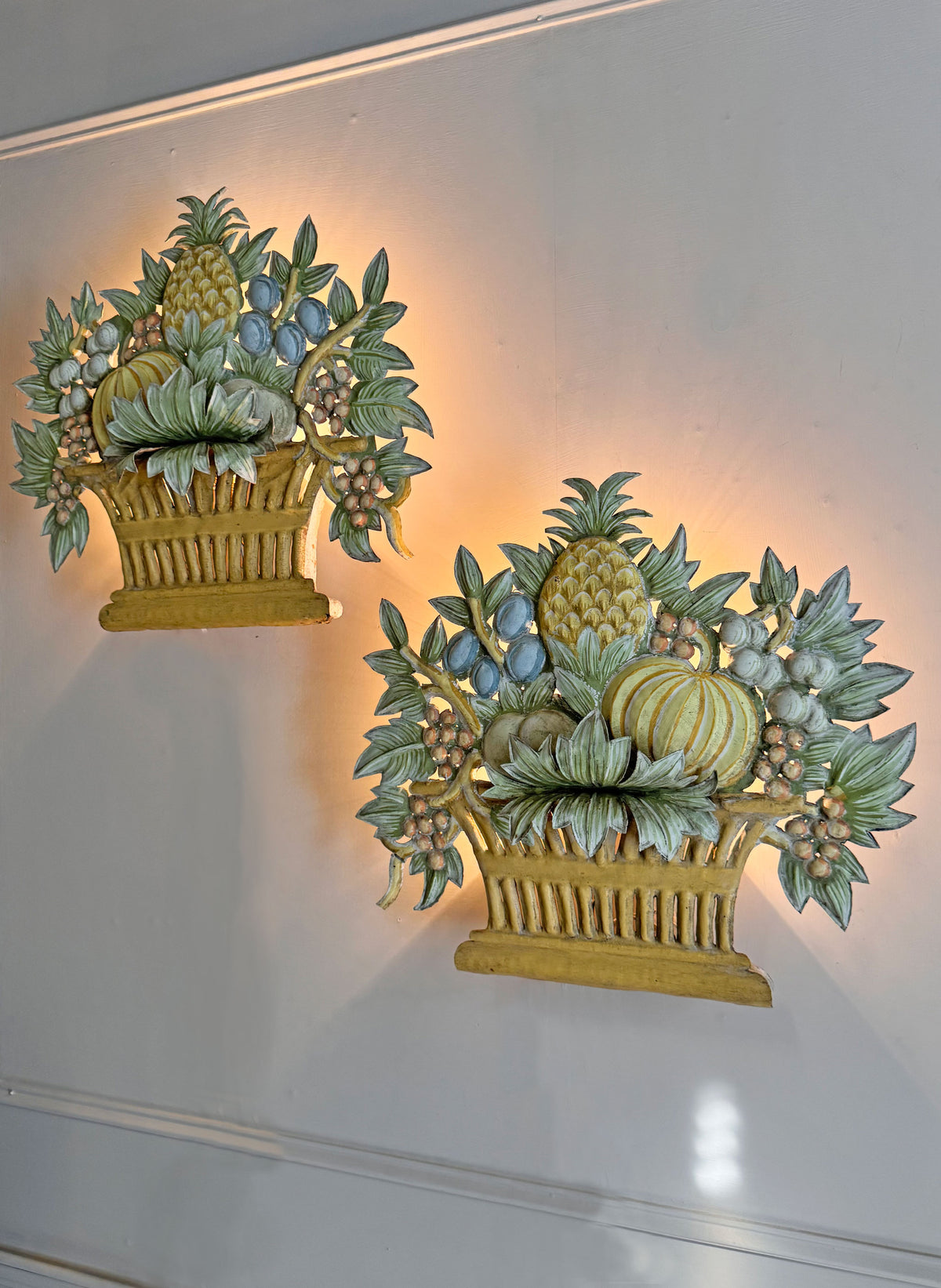 Pair of 1950'S French Toleware Polychrome Painted Basket Of Fruit And Flowers Wall Lights