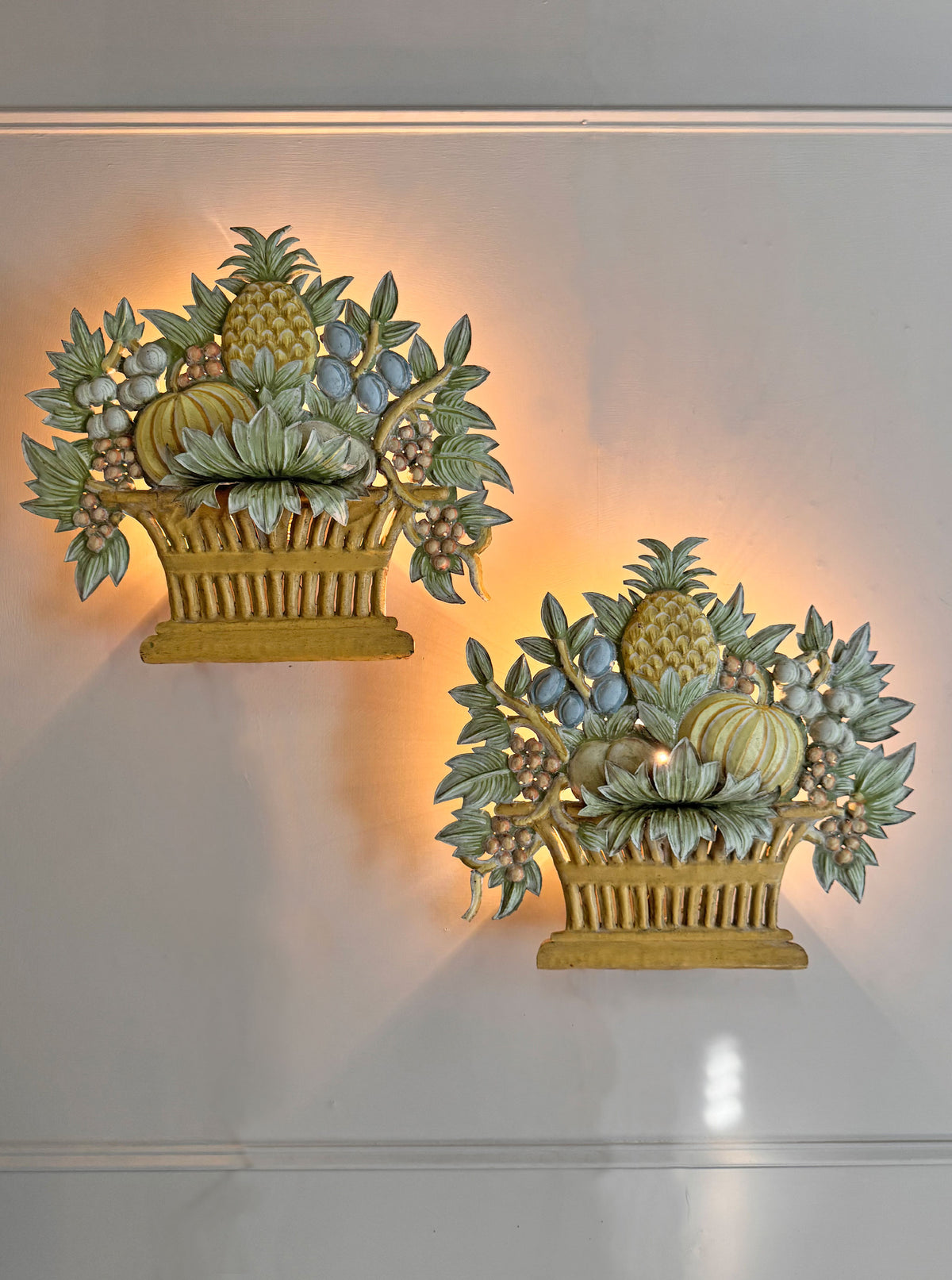 Pair of 1950'S French Toleware Polychrome Painted Basket Of Fruit And Flowers Wall Lights