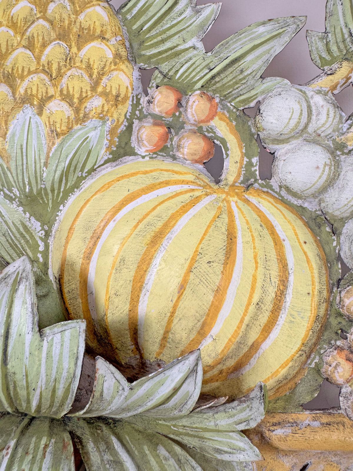 Pair of 1950'S French Toleware Polychrome Painted Basket Of Fruit And Flowers Wall Lights