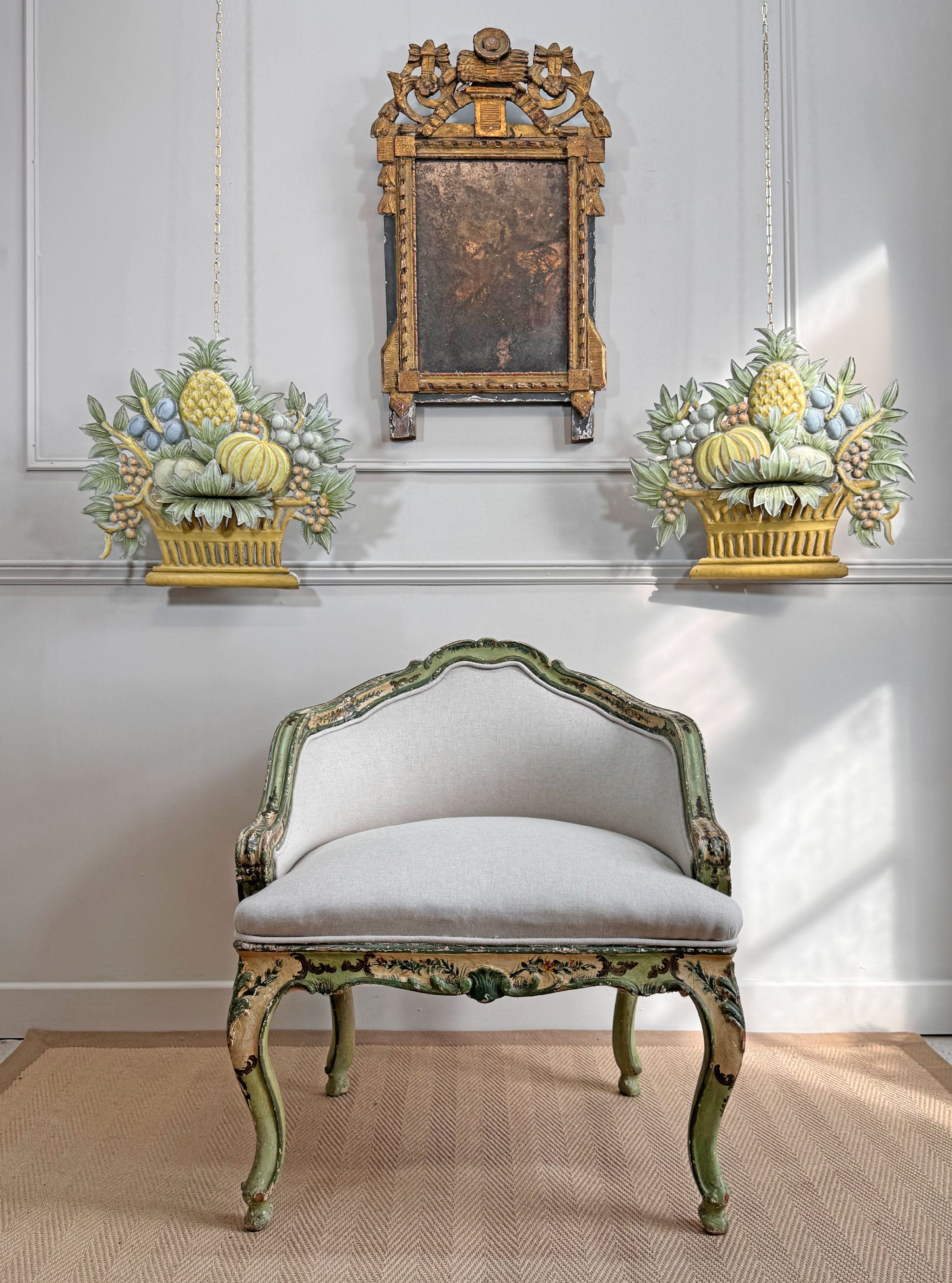 Pair of 1950'S French Toleware Polychrome Painted Basket Of Fruit And Flowers Wall Lights
