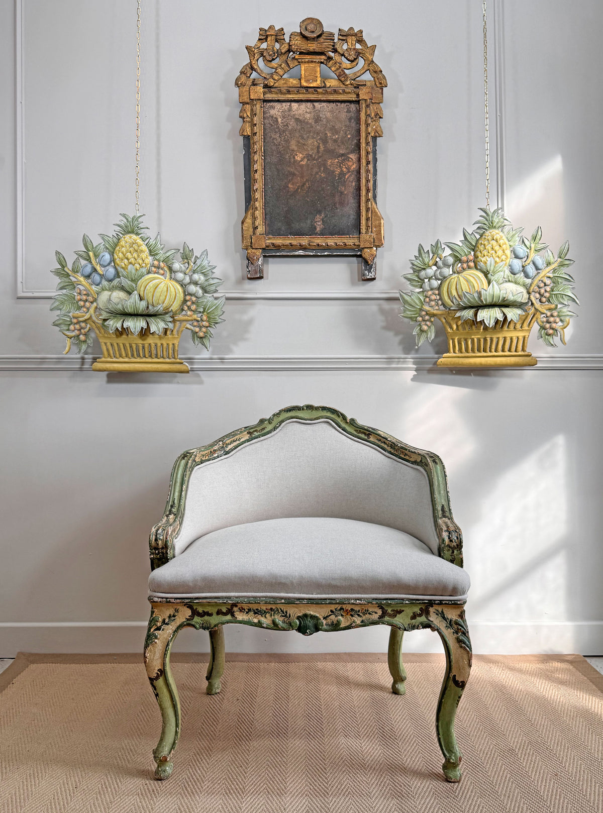 Pair of 1950'S French Toleware Polychrome Painted Basket Of Fruit And Flowers Wall Lights