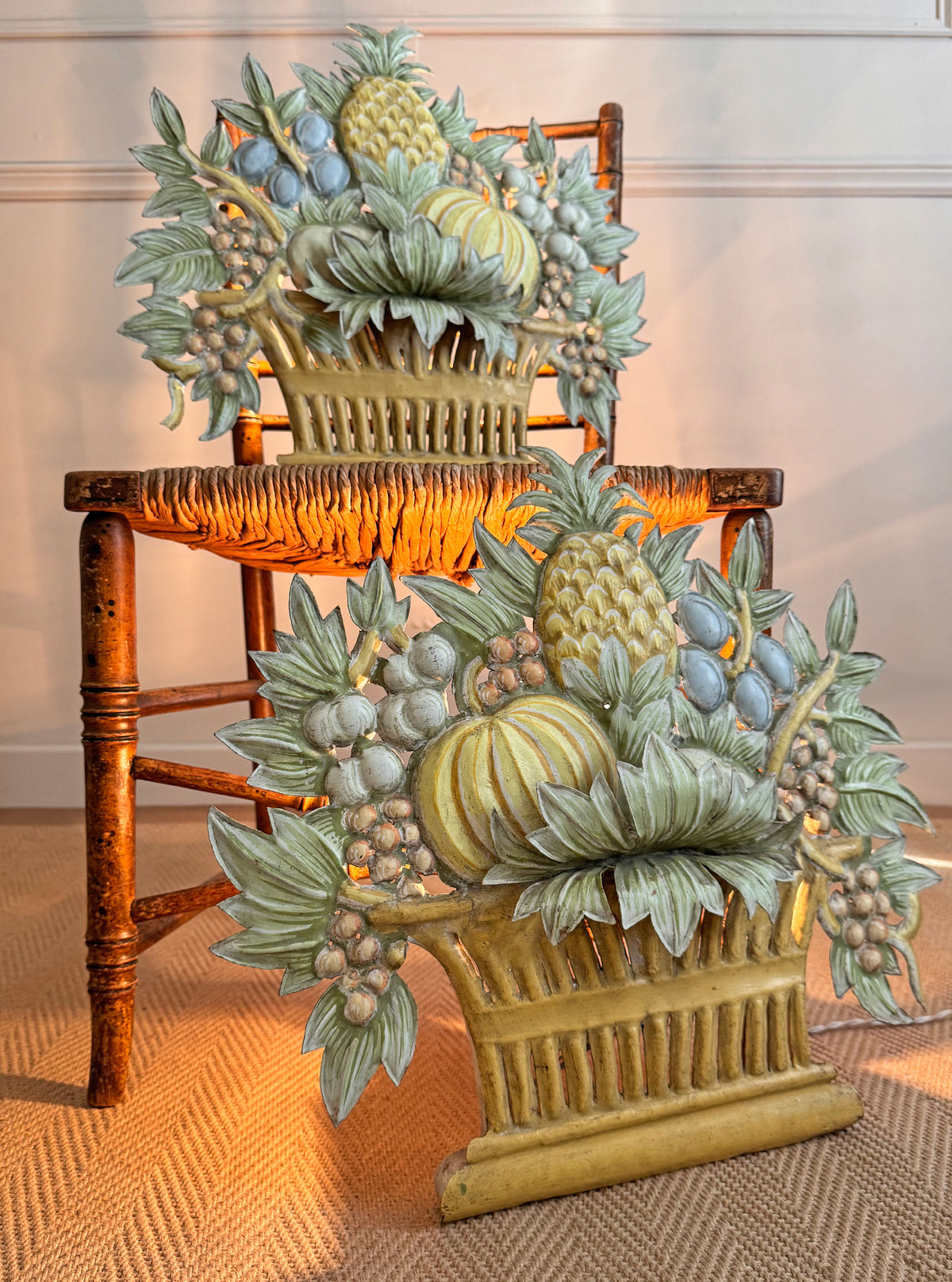 Pair of 1950'S French Toleware Polychrome Painted Basket Of Fruit And Flowers Wall Lights