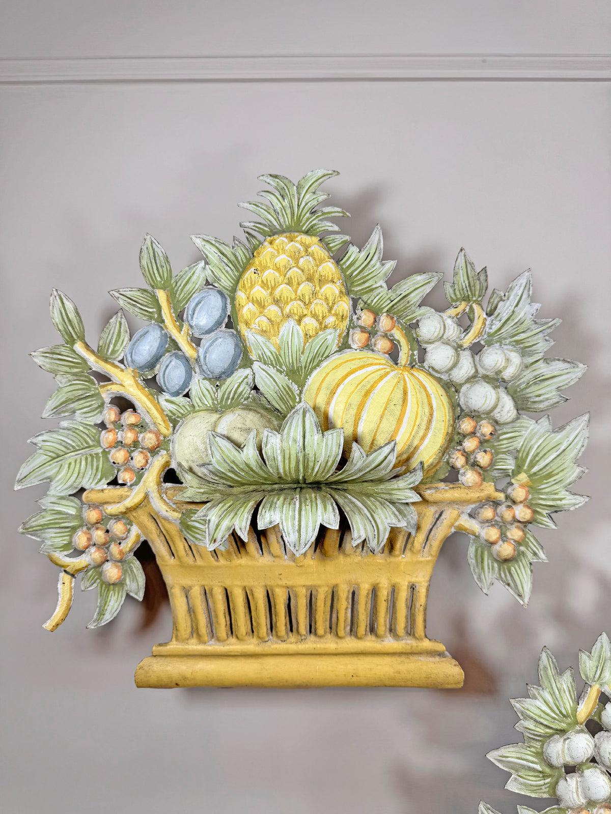 Pair of 1950'S French Toleware Polychrome Painted Basket Of Fruit And Flowers Wall Lights