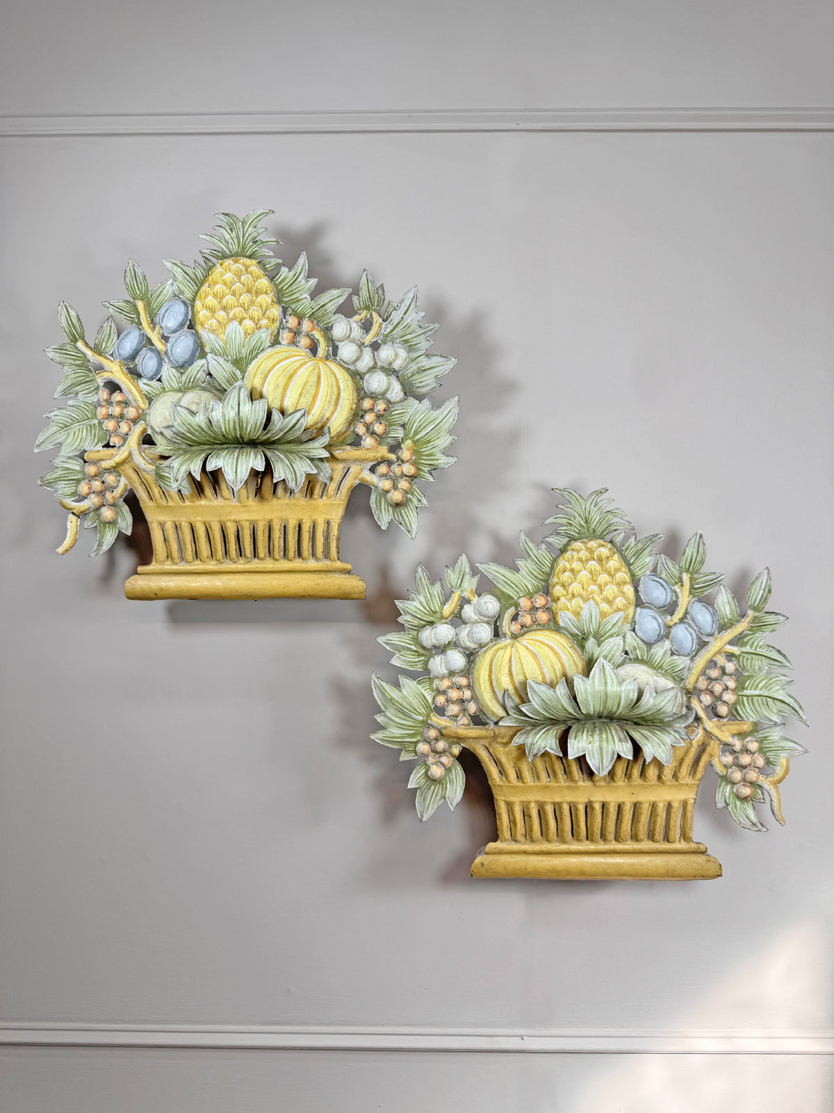 Pair of 1950'S French Toleware Polychrome Painted Basket Of Fruit And Flowers Wall Lights