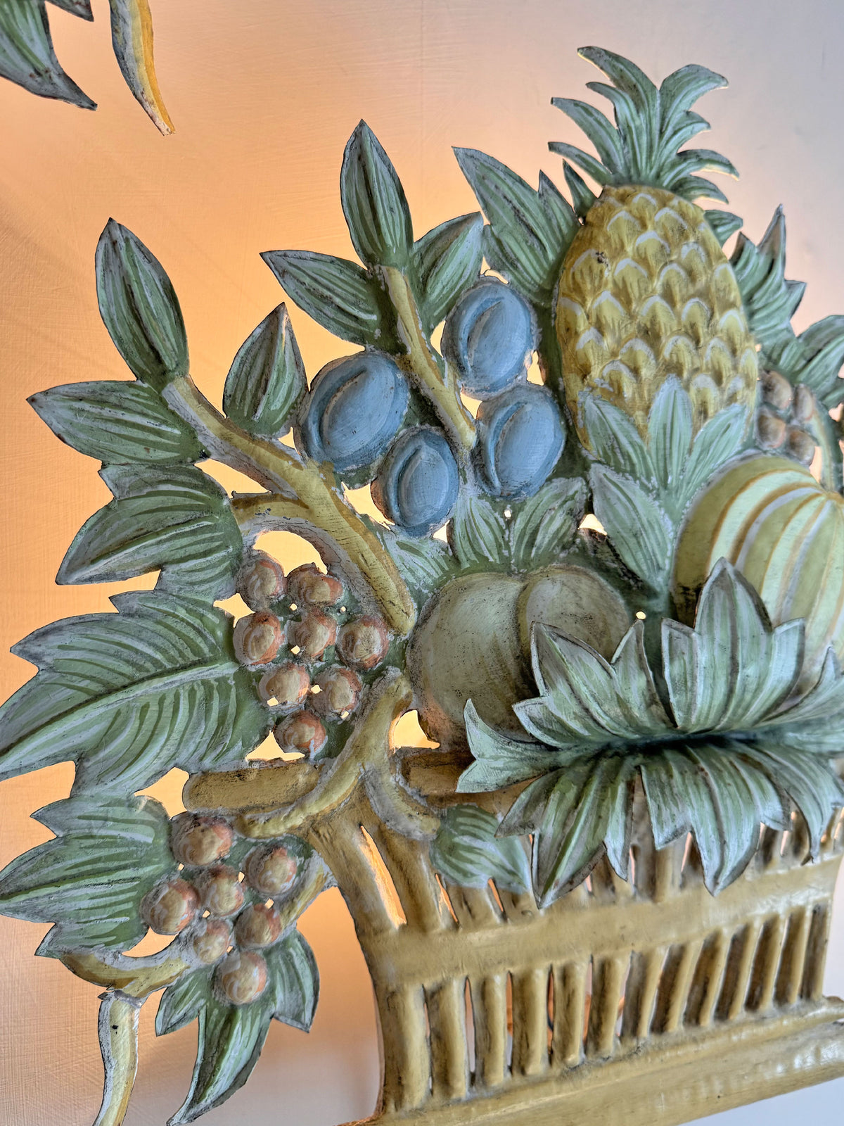 Pair of 1950'S French Toleware Polychrome Painted Basket Of Fruit And Flowers Wall Lights