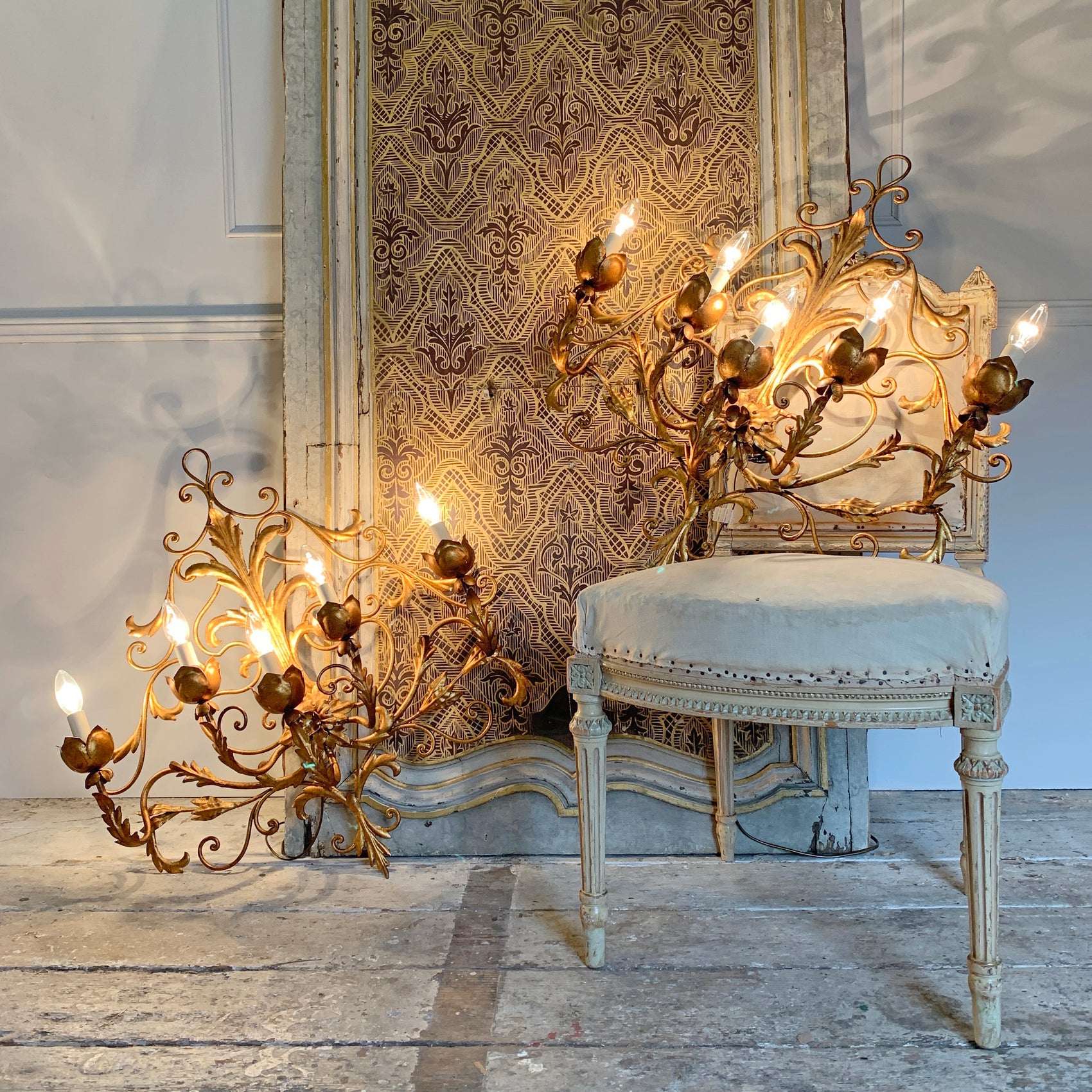 Pair Of Large Gold Palladio Wall Sconces Italy 1960's
